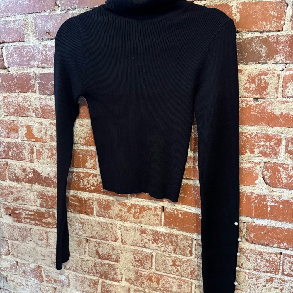Black Ribbed Turtleneck Top with Pearl-Button Cuffs
